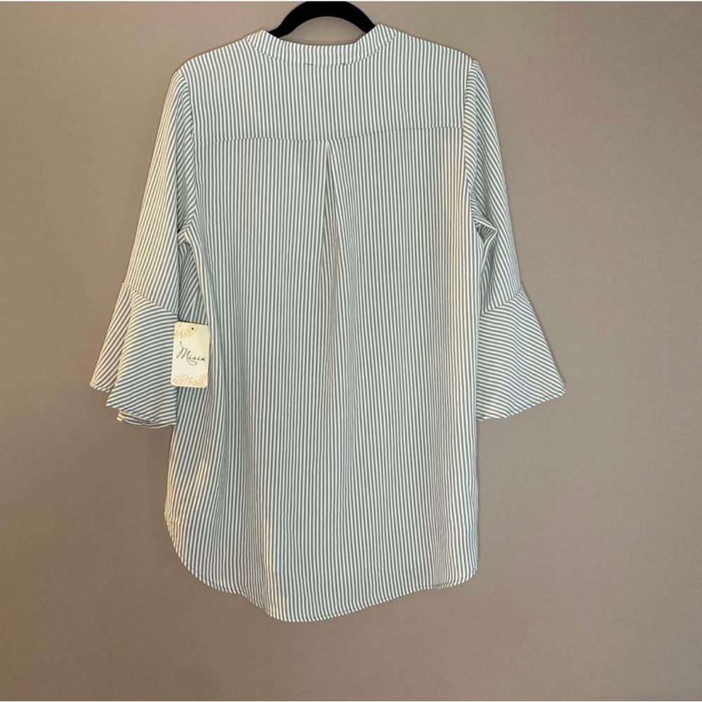 Green and white striped 3/4 Sleeve Bell Tunic with Mandarin Collar - Picture 2 of 3